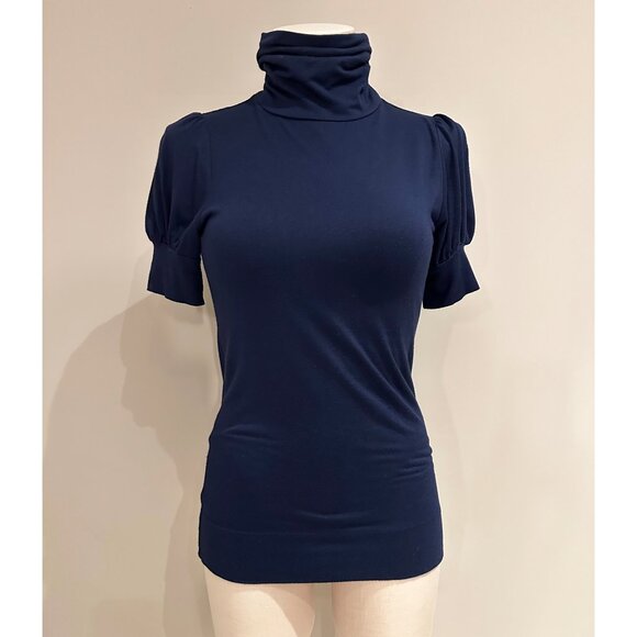 Blue Short Puff Sleeve Turtle Neck Top Womens Size S Peplum - Picture 1 of 5
